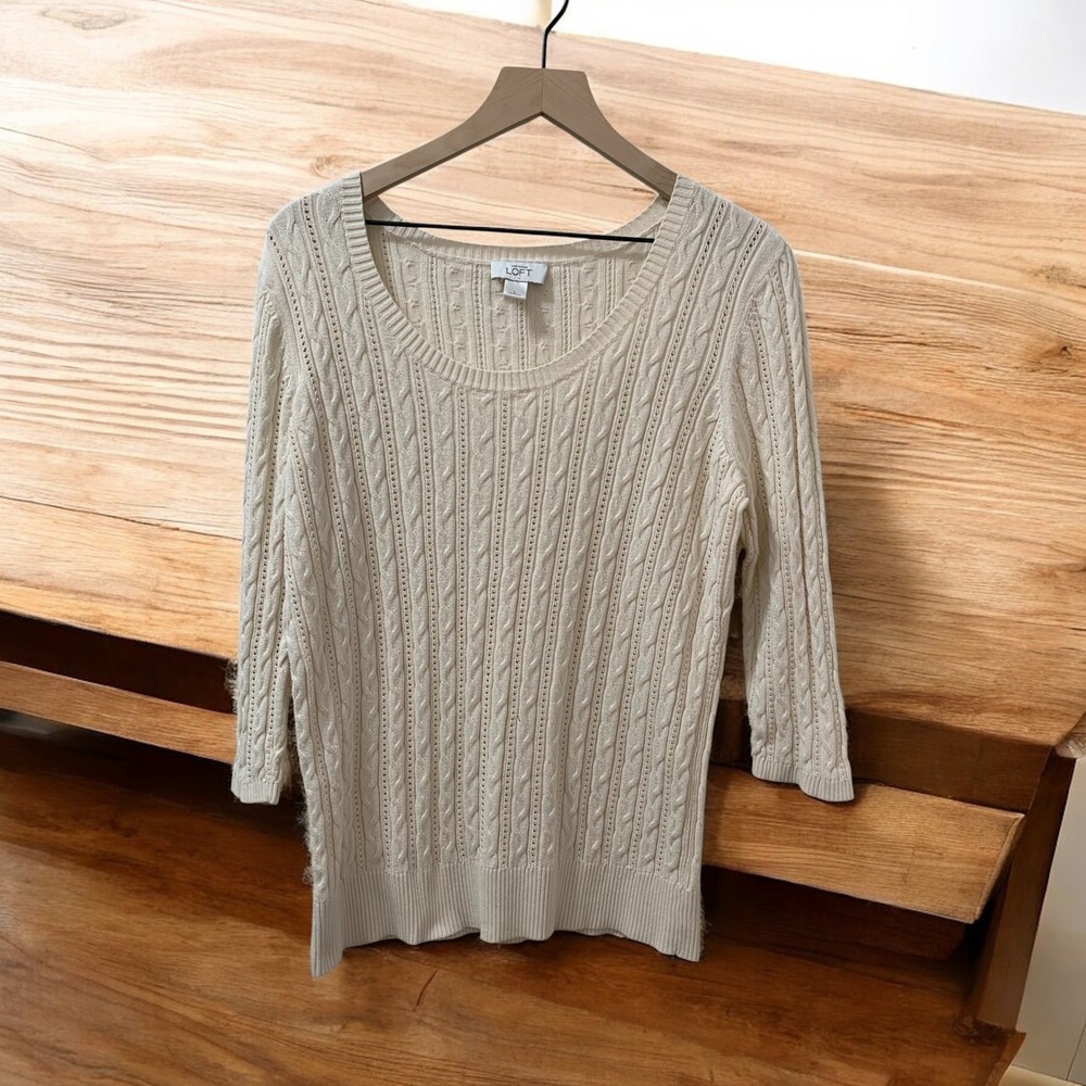 LOFT Cable Knit‎ Sweater Scoop Neck 3/4 Sleeve Pullover Top Cream Large